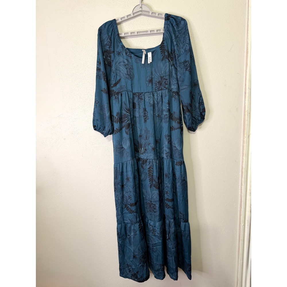 Soma Dark Teal Paloma Floral Tiered Maxi Dress Smocked Large Built In Bra NEW